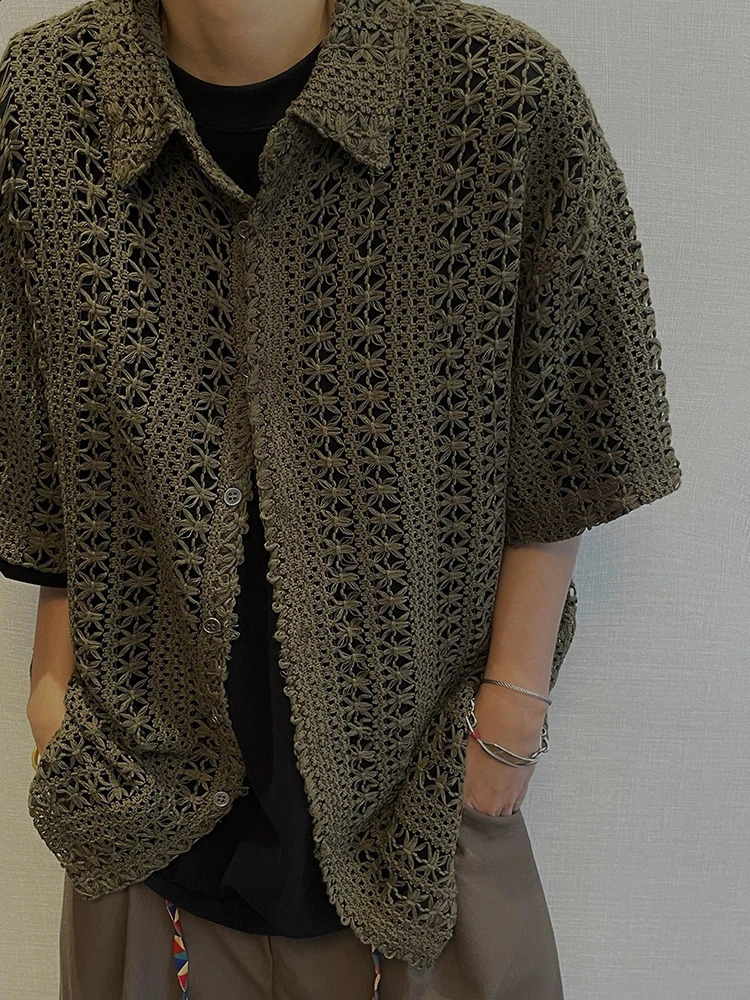 Hollow Shirt Mens Summer Retro Full Match Breathable Short Sleeve Japanese Style Harajuku Vocal Knitted Handsome and Simple 250224