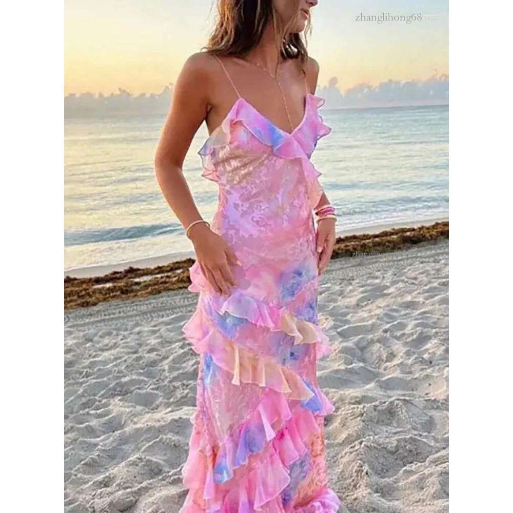 Dresses Beach Casual Style Backless Fashion Maxi Dress Women Summer 2024 Sleeveless V-Neck Party Ruffles Patchwork Printed L