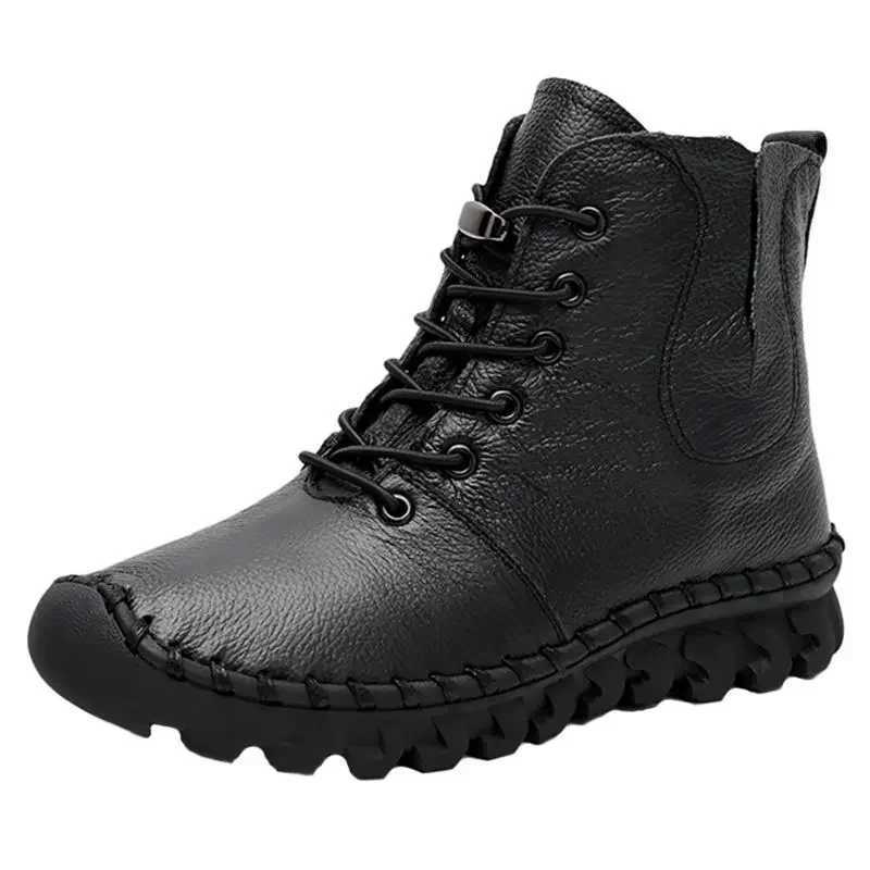 Lace-up Genuine Leather Women Boots A518 Fashion Casual Low Tube Round Toe Real Leather Shoes Winter Shoes Warm Thick Z250303
