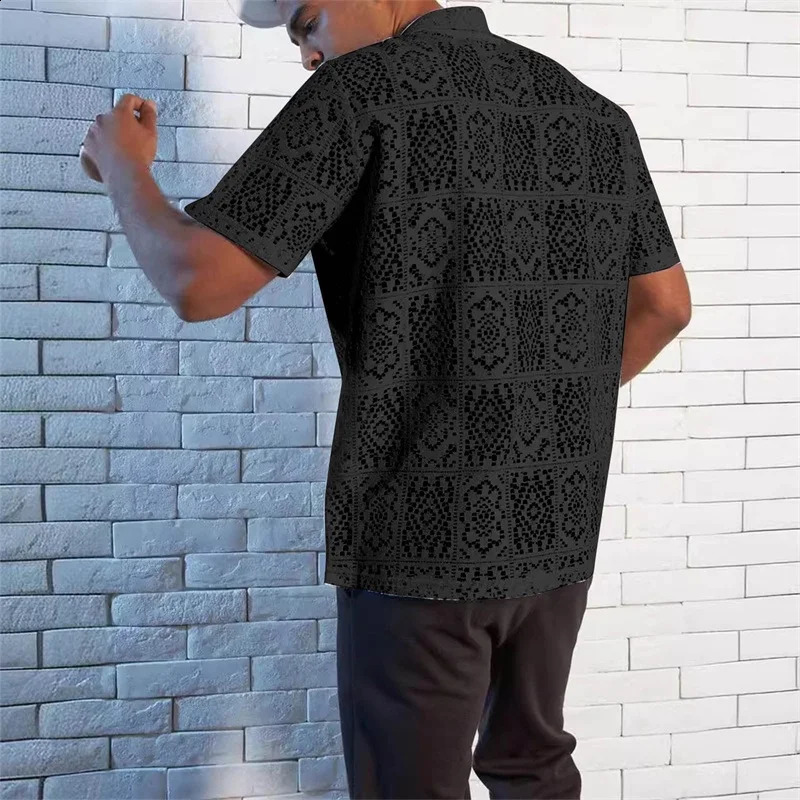 Mens Casual Short Sleeve Button Down Lace Shirts with Lapel Collar Hollow Out Solid Color Loose Fit Tops 250224
