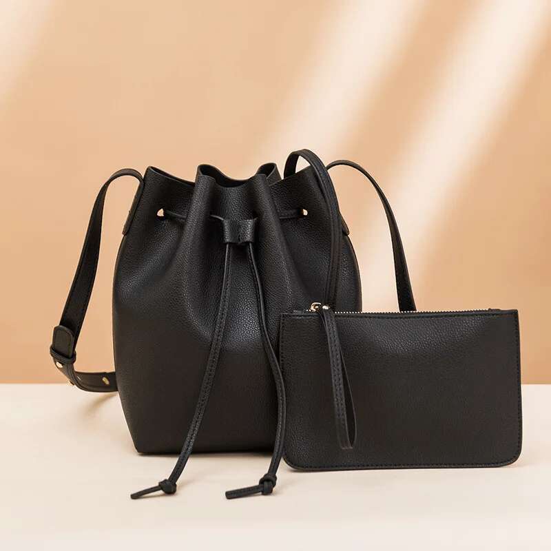 Women Classic Bucket Genuine Leather Shoulder Messenger Crossbody Bag Ladies String Handbag