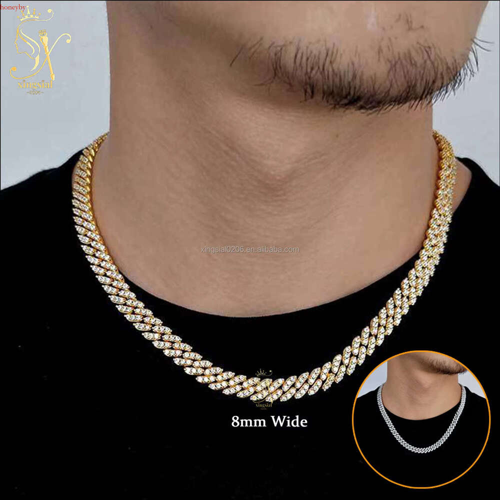 Hiphop Jewelry Men Women Necklace Sier Gold Plated Iced Out 8mm Dia Moissanite Cuban k Chain