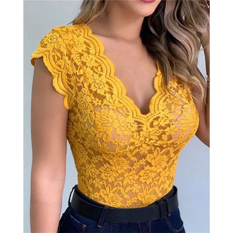 Sexy V Summer Neck Lace Vest Top Women Solid Sleeveless Tank Tops Female Elegant Hollow Out Clubwear T Shirt