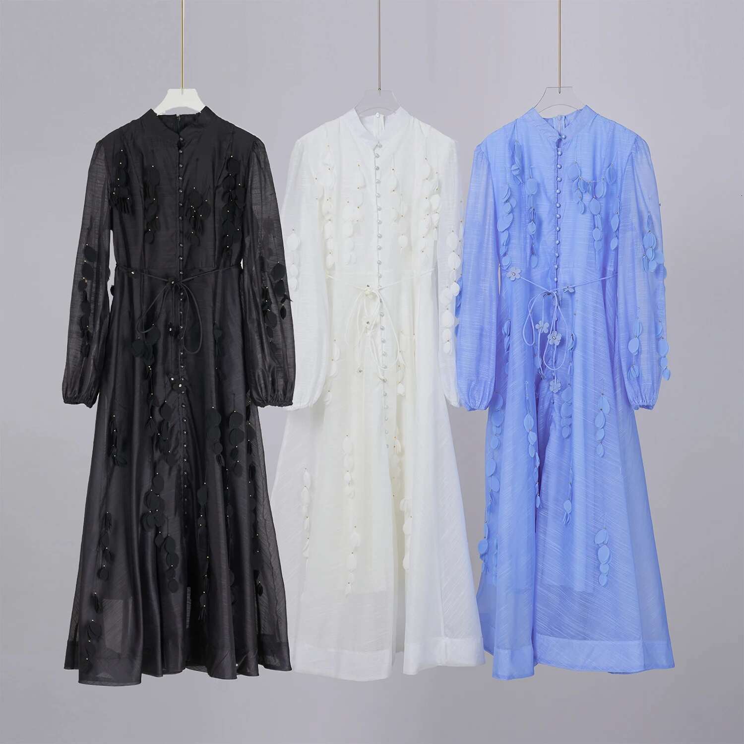 Beaded Appliques Wer Belt Mesh Dress Women Pearl Button Single Breasted Long Lantern Sleeve Prom Wedding Party Vestido