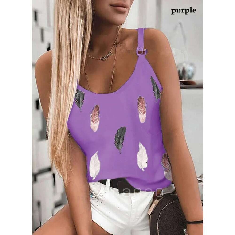 Women Wear 2025 New Pattern Fashion T-Shirt Summer Casual Feather Print Sleeveless Tank Tops Camisole Coat