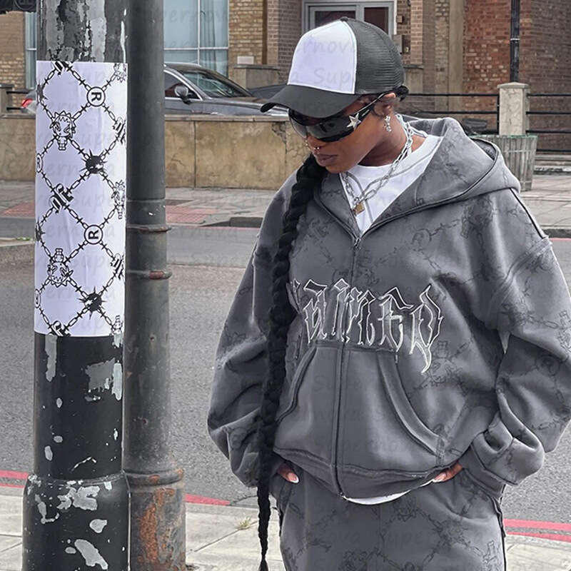 Trendy brand men's and women's street pattern embroidery hooded zipper loose sweatshirt sports jacket