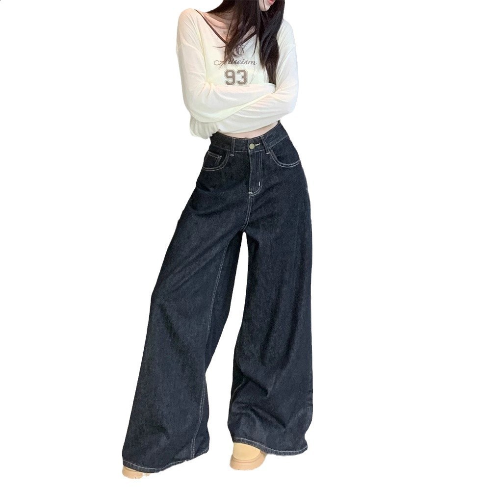 American washed wide leg jeans for women high waisted loose fitting straight leg pants with a hanging sensation floor length pants 250120