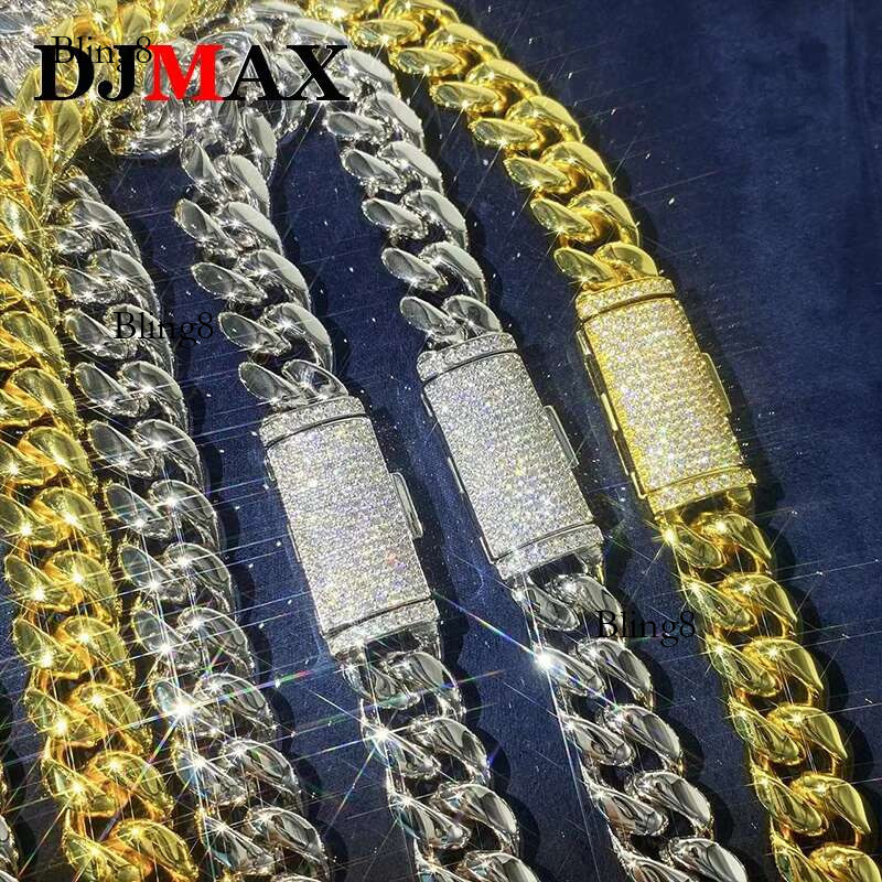 10MM Moissanite Sliver Buckle Stainless Steel Cuban Men's Chain Plated 16K White Gold Bracelet Necklace for Men