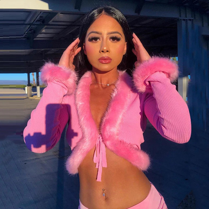 Womens Y2K Knit Cardigan Faux Fur Trim Solid Color Long Sleeve Button Down Ribbed Sweater Coat Casual Short Jacket 250225