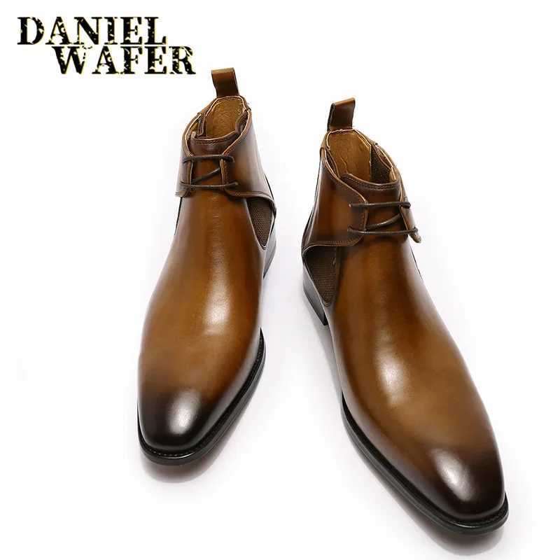 Luxury brand mens Chelsea boots black and brown angular toes handmade genuine leather lace wedding office mens business boots Z250303