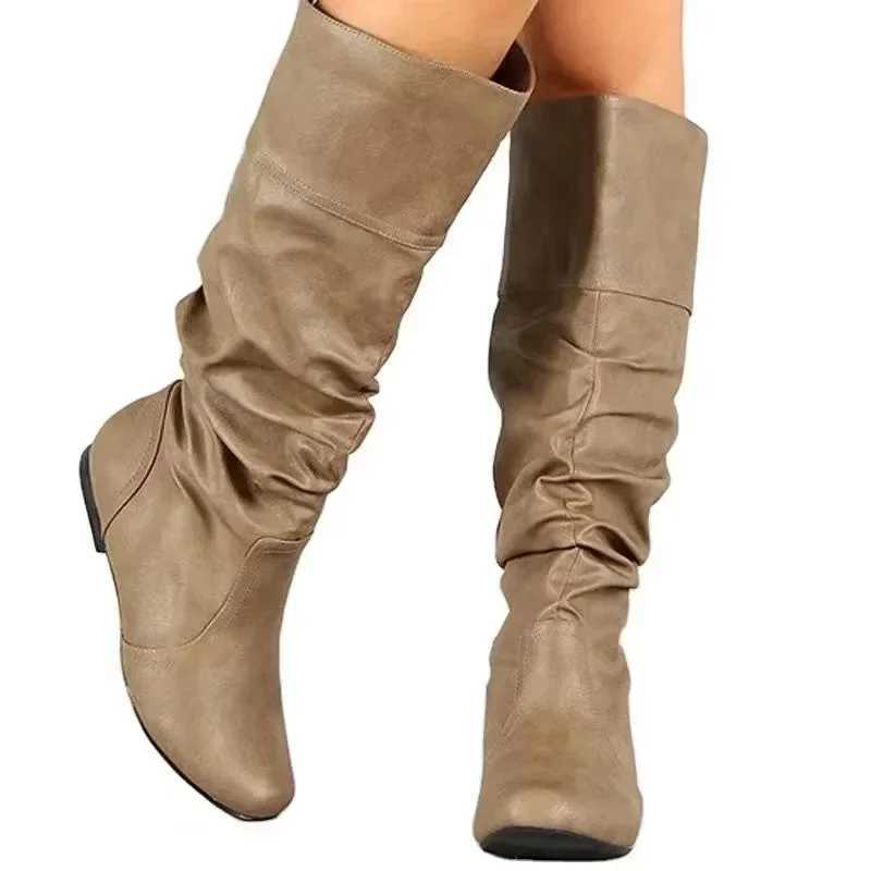 2025 New Women Flat Boots Fashion Pleated Leather Boots Autumn Winter Slip on Mid-Calf Shoes for Women Brand Designer High Boots Z250303