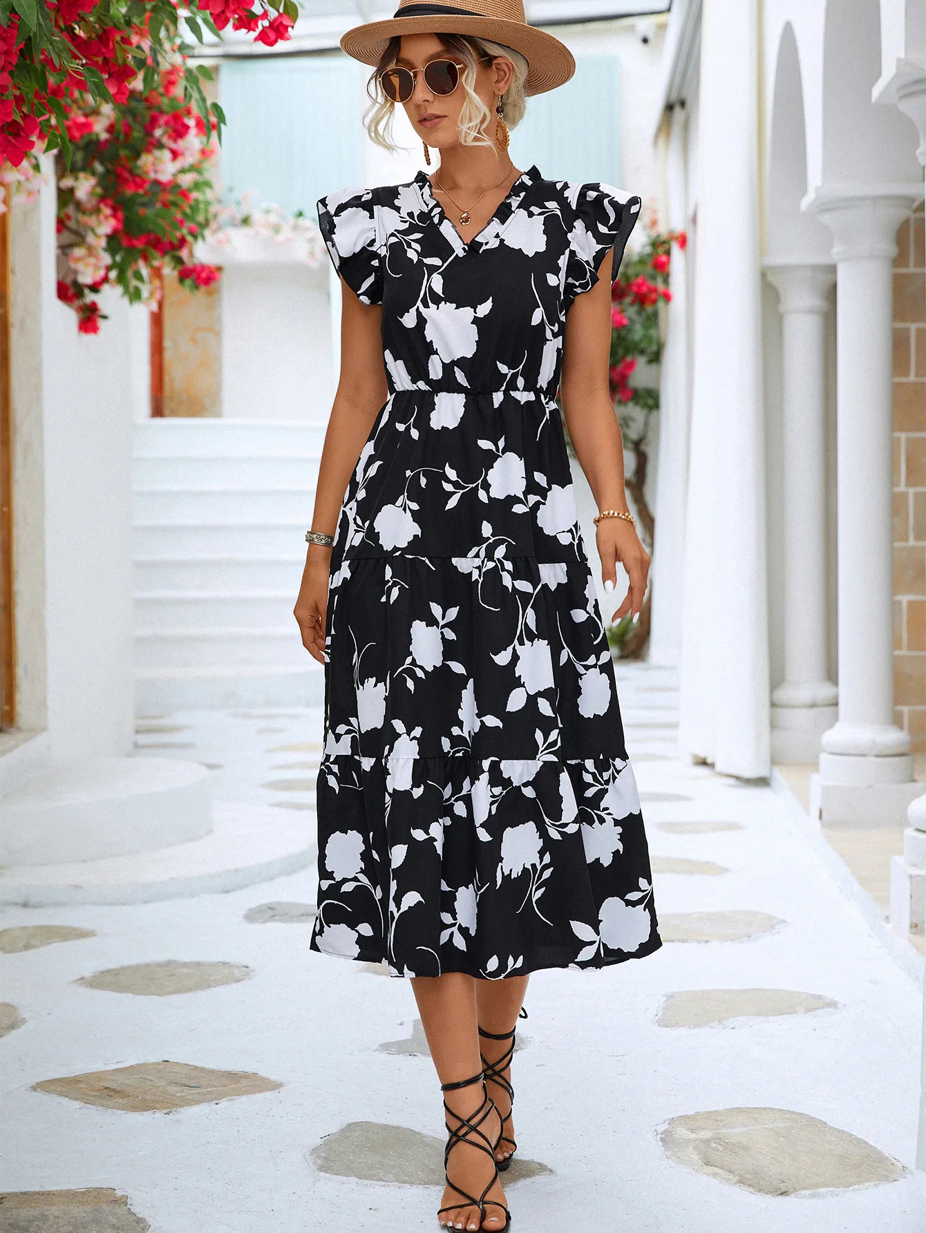 Product Vneck Printed Feifei Sleeve Dress 250228