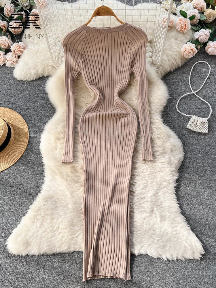 SINGREINY Winter Women Knit Maxi Dress O Neck Autumn Long Sleeve Slim Solid Harajuku Ladies Fashion Pencil Sweater Dresses 250228