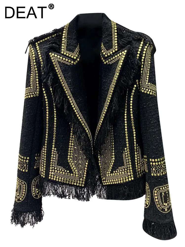DEAT Fashion Women's Blazer Notched Collar Tweed Metal Rivet Fringed Fringe Long Sleeve Suit Jackets Autumn 2025 New 17A4338