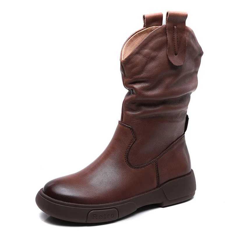 DRKANOL Luxury Genuine Leather Mid-Calf Boots Women Genuine Leather Waterproof Rubber Sole Non-Slip Street Style Slip-On boots Z250303
