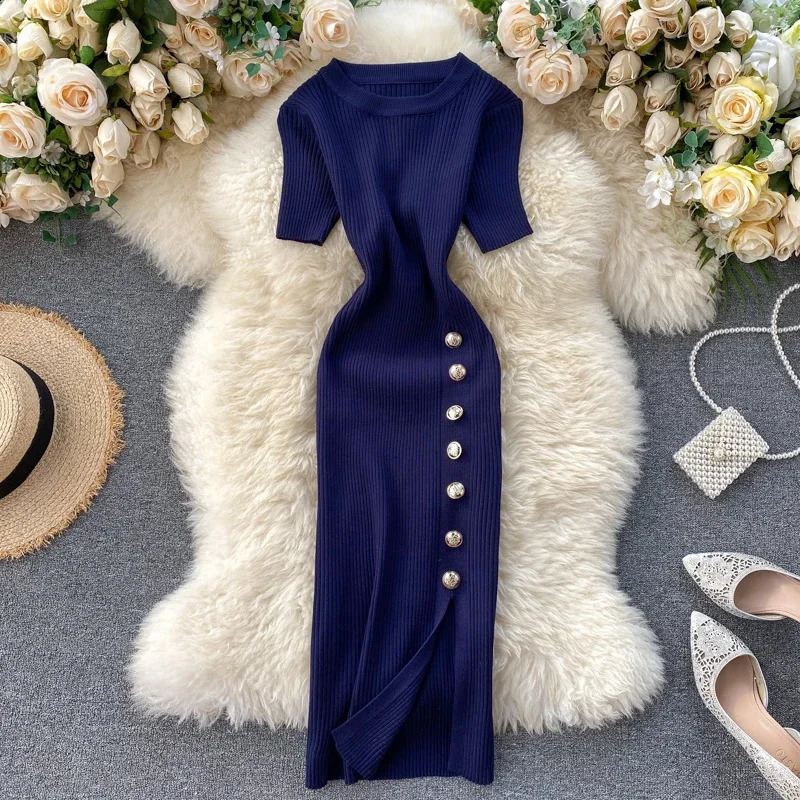Vestidos Solid Korean Retro High Waist Womens Dress Body Sexy Elastic Knitted Summer Chic 16347 250228