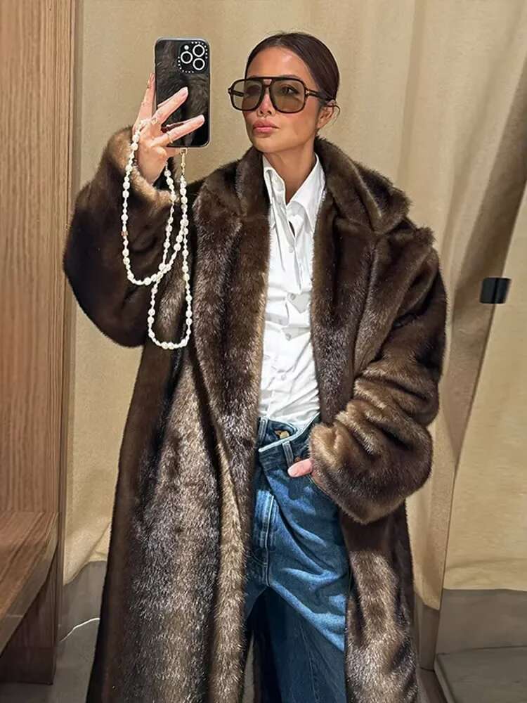 Dark Brown Faux Fur Overcoat Women Elegant Fashion Long Sleeves Oversized Jacket New Winter Chic Thick Warm High Streetwear