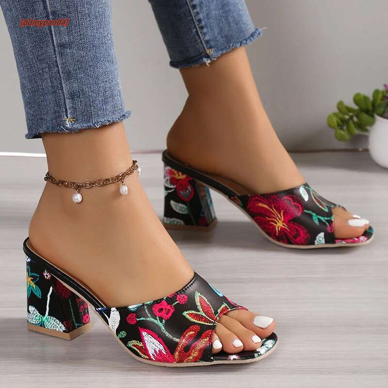 Womens Sandals Printed Summer 2024 New Thick-heeled Popular High-heeled Sexy All-match Half-slippers Open Toe Casual Basic Shoes #ddmypanda