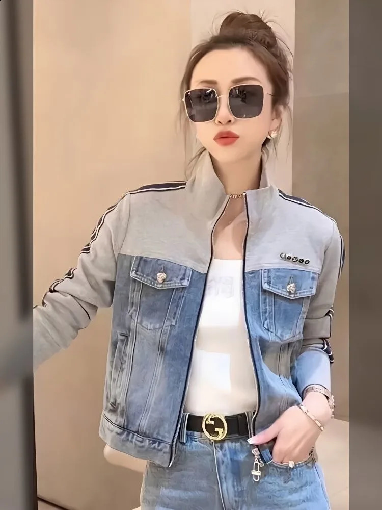 Jeans Womens Jacket Vintage Patchwork Lapel Striped Spring Thin Zipper Short Long Sleeve Tops Pockets Buttons Coats 250228