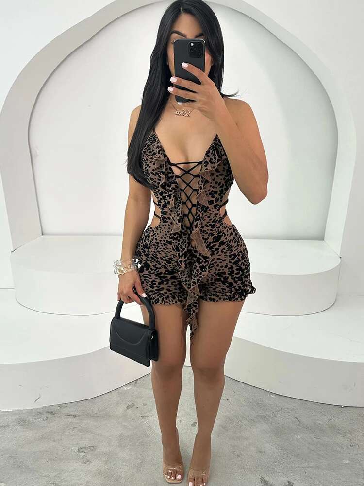 Weird Puss Sexy Summer Romper Women Cking Leopard Print Backless V-Neck Tassel Coquette Thin Midnight Party Workout Playsuits