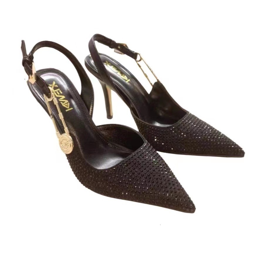 Black Rhinestone High For Women In 2023, New Pointed Thin Heels With Metal One Line Buckle, Socialite Banquet Headband Sandals