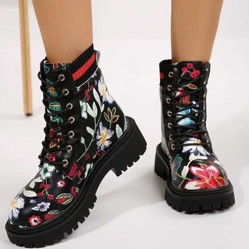 2024 Plus Size Shoes Female Mid-Calf Womens Boots New Modern Boots Women Print Lace Up Round Toe Side Zip Med Heel Shoes Women Z250303