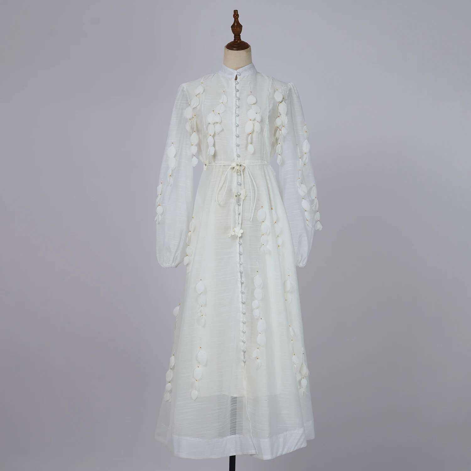 Beaded Appliques Wer Belt Mesh Dress Women Pearl Button Single Breasted Long Lantern Sleeve Prom Wedding Party Vestido