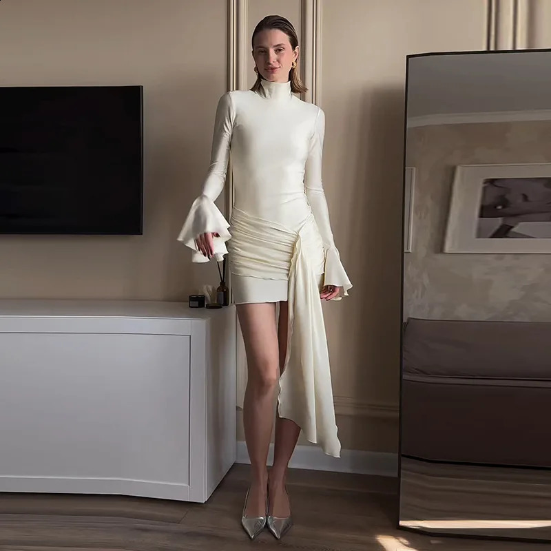 Cryptographic Fashion Ruched Long Sleeve Wrap Mini Dress Flare Party Club Fall Outfits Sexy Bodycon Dresses 250228