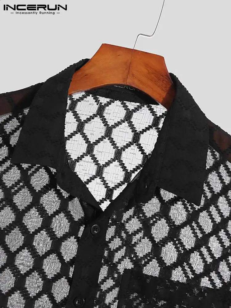Mens casual shirt with hollow splicing mens breathable mesh long sleeved shirt S-5XL INCERUN top 250224