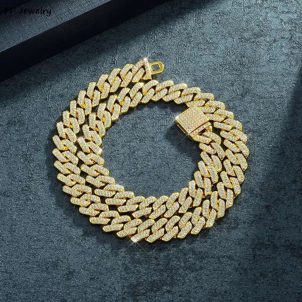 15mm Cuban k Chain For Men Siery/Golden Iced Out Rhie Miami Necklace Choker for Women with Box Clasp Hip Hop A+++