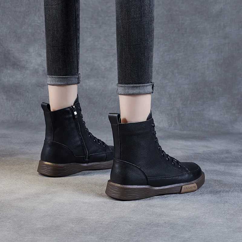 DRKANOL Women Genuine Leather Short Boots Round Toe Genuine Leather Handmade Street Style Winter Warm Flats Ankle Boots Z250303