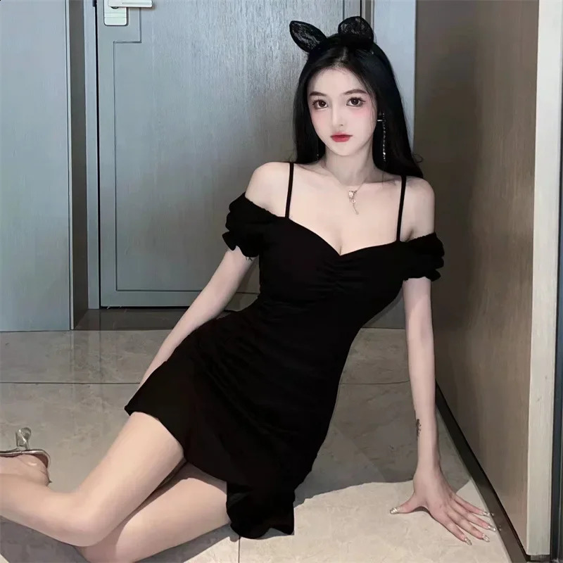 Black pendant mini dress summer sexy off shoulder fishtail vest Y2k Korean elegant evening 250227Z