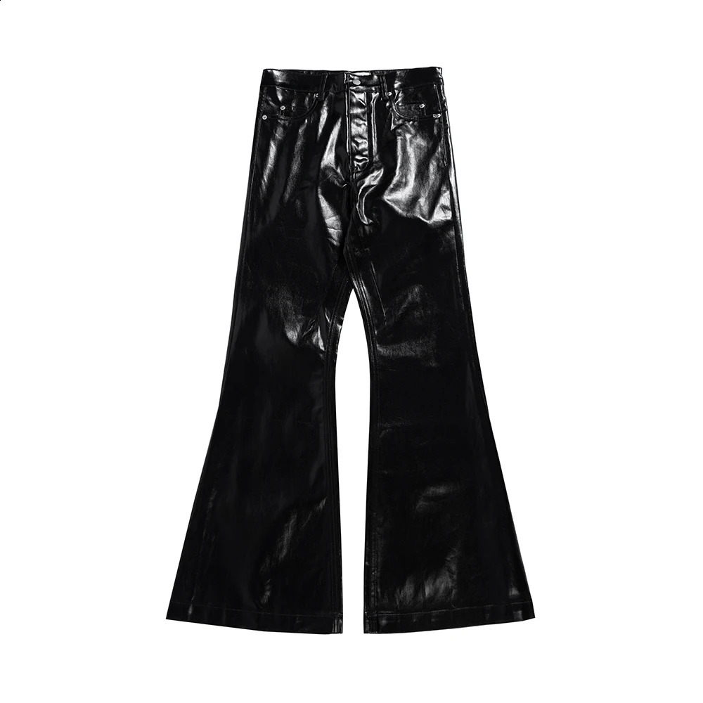 High Street Wide Leg Glossy Pu Leather Pants Sashes Boot Cut Men and Wome Straight Baggy Casual Jeans Oversized Flared Trousers 250228