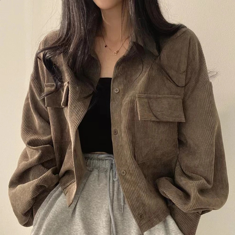 Autumn Retro Versatile single chest transit collar long sleeved womens casual coffee jacket pocket loose 250228