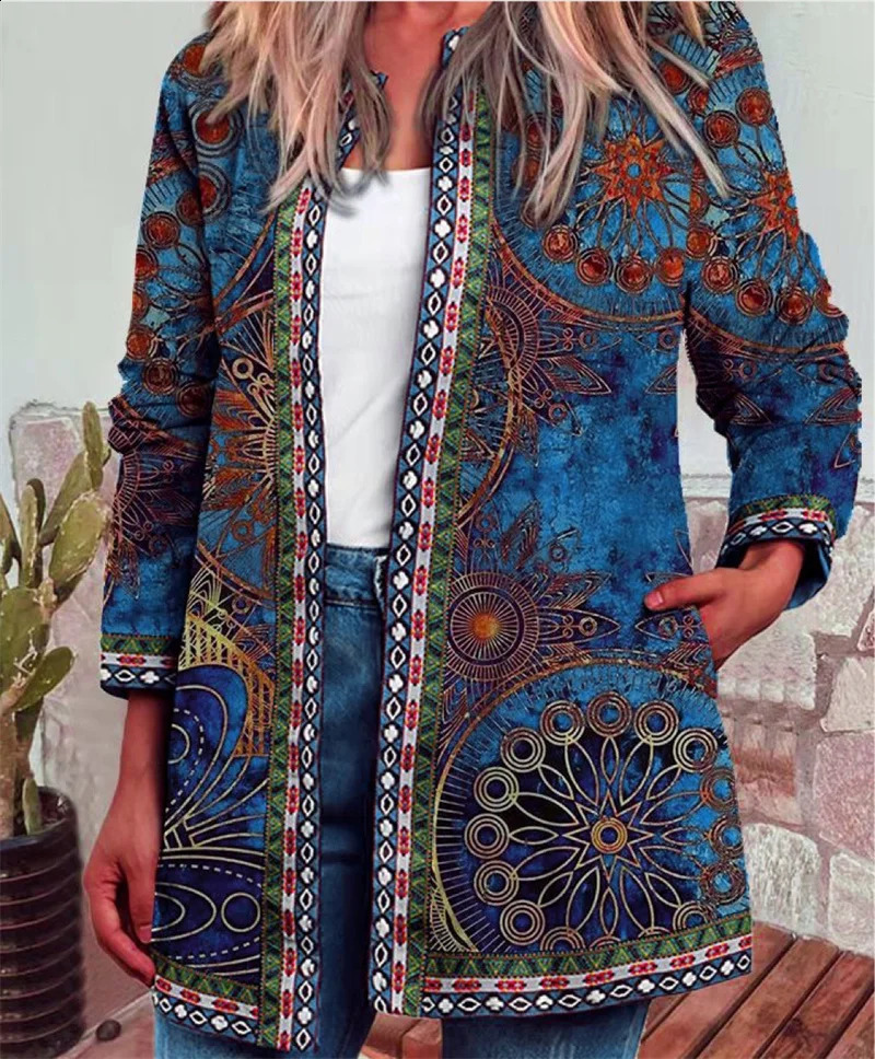 Retro ethnic style printed side pocket jacket for womens autumn Oneck long sleeved comfortable and casual cardigan 250228
