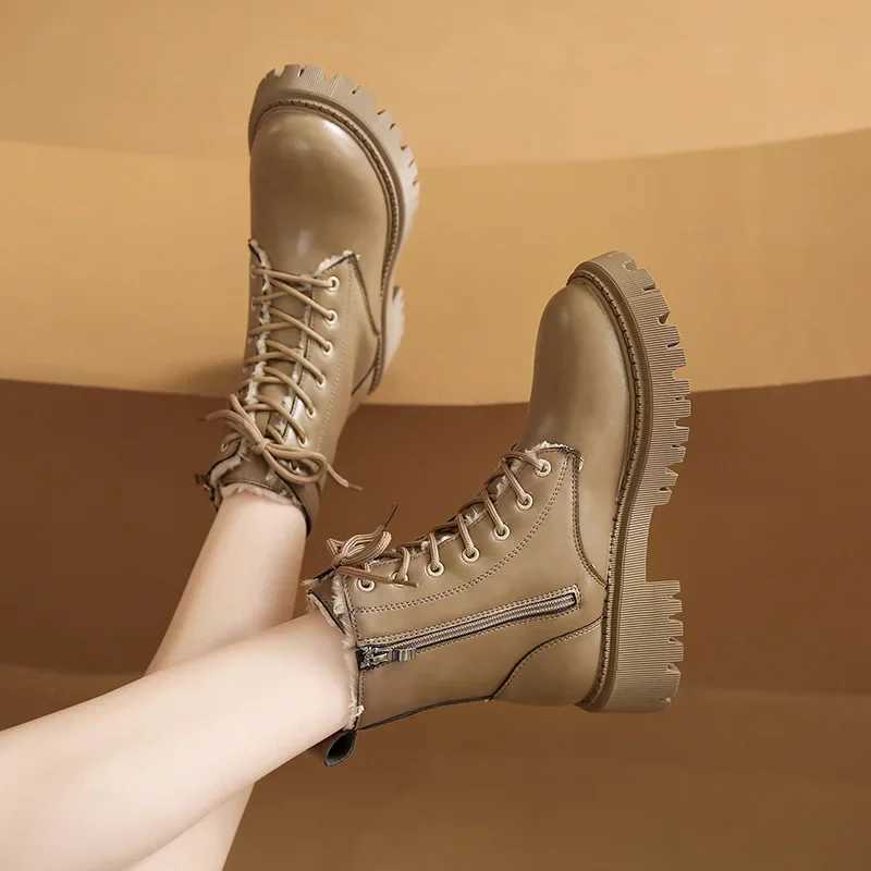 TSTCTB Brown Platform Ankle Boots Women Autumn Winter Thick Bottom Motorcycle Boots Woman Thicken Warm Lace Up Shoes Ladies Z250303