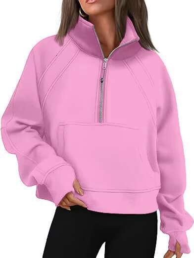 New Autumn And Winter Women's Sweatshirts Half Zipper Short Hoodie Stand Collar Plus Fleece Solid Color Hoodies Custom Wholesale