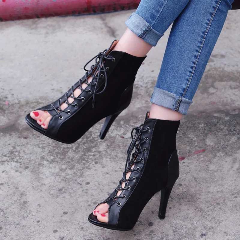 Black Summer High Heels Ankle Boots For Women 2025 Spring Peep Toe Lace Up Pumps Party Jazz Dance Shoes Suede Ladies Large Size Z250303