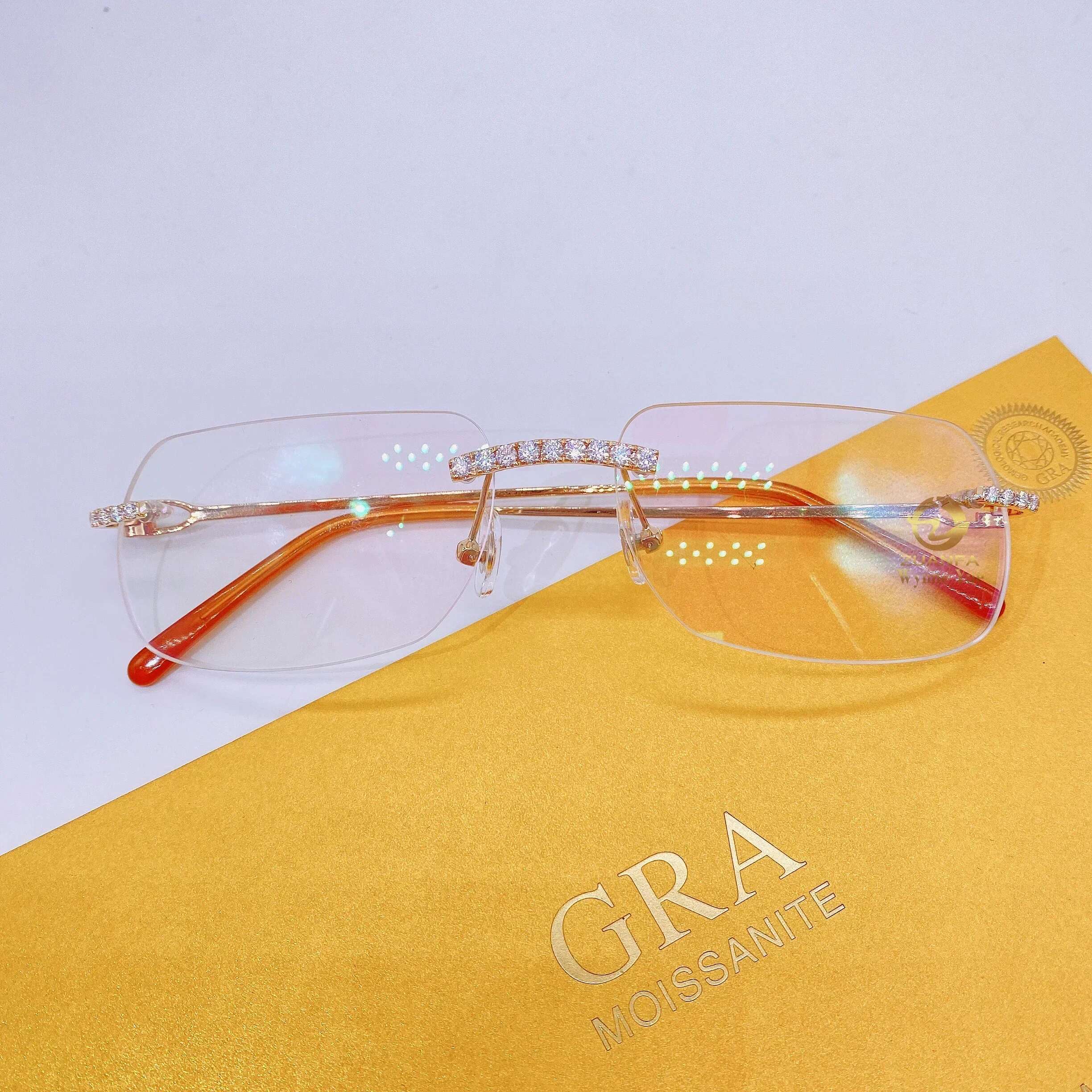 Stylish Hot Classic Design 10K Real Solid Gold VVS Moissanite Colored Lens Mens Sunglasses