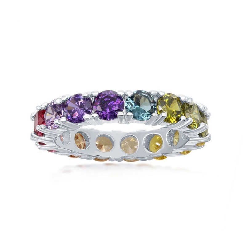 Multicolor CZ Rainbow Diamond Ring Band Charm Engagement Wedding Rings for Women Gift Fine Jewelry