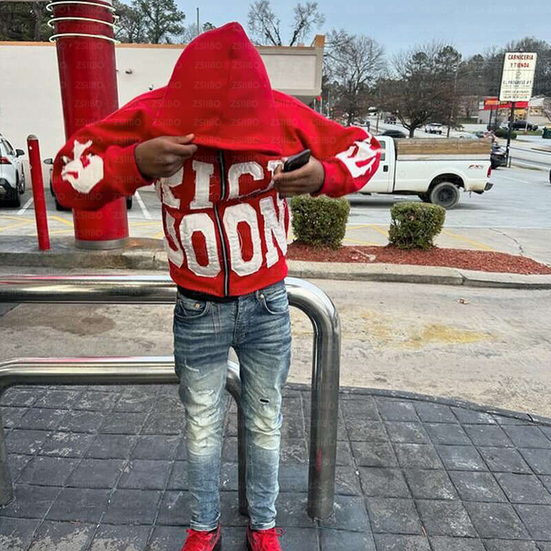 Autumn and winter letter sticker zipper cardigan casual personality trend high street hip-hop style hoodie