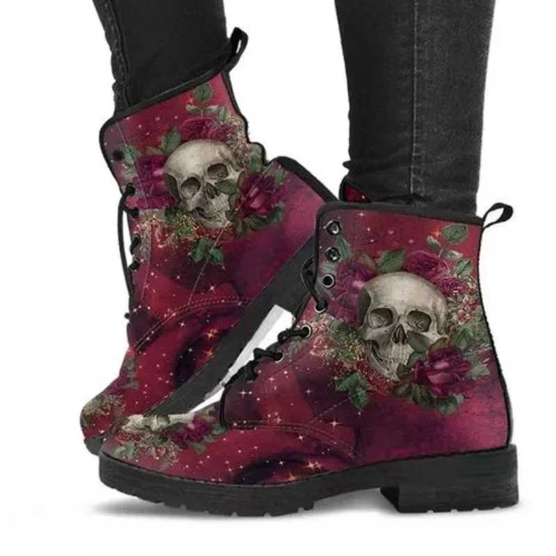 Gothic printed womens boots new autumn winter large-sized leather boots womens shoes fashionable lace sole platform boots Halloween shoes Z250303