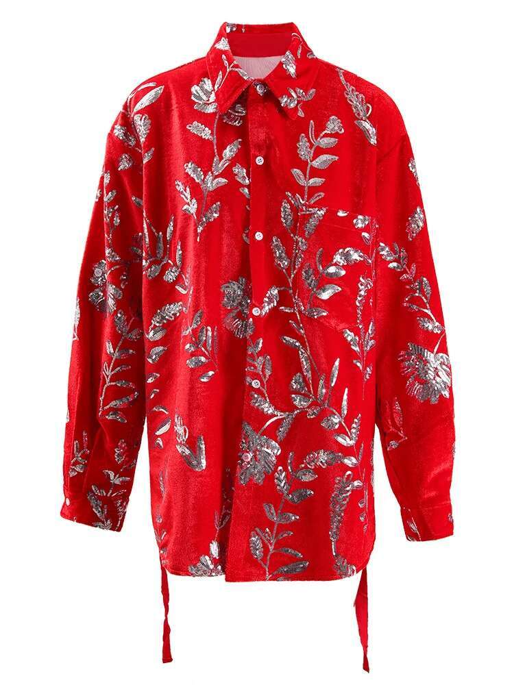 EAM Red Irregular Sequins Ribbon Big Size Blouse Women New Lapel Long Sleeve Shirt Fashion Tide Spring Autumn 2025 Cpg1245