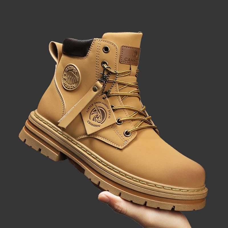 Mens Boots Handmade Classic Fall Winter Leather Shoes For Men Motorcycle Boots Outdoor Trekking Ankle Boots Designer Yellow Boots Z250303