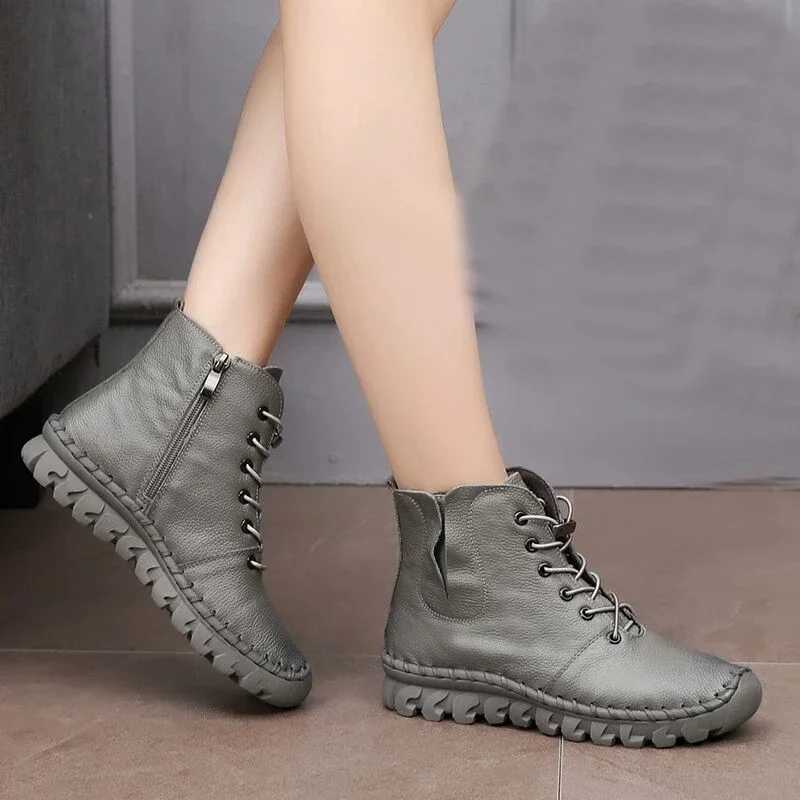 Lace-up Genuine Leather Women Boots A518 Fashion Casual Low Tube Round Toe Real Leather Shoes Winter Shoes Warm Thick Z250303