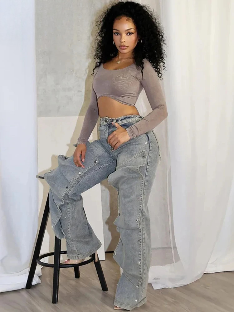 Fashion Straight Jeans Women's Detachable Button Decoration Denim Wide Leg Pants High Waist Hipster Streetwear Bottoms