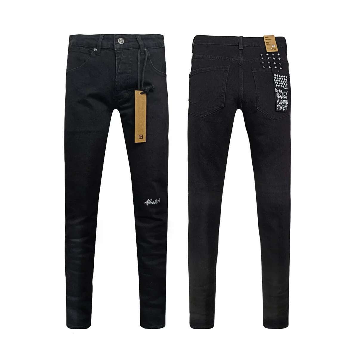 KSUBI Cross Men Fashion American High Street Black Casual Letter Embroidery Pants Stretch Skinny Ripped Frayed Jeans