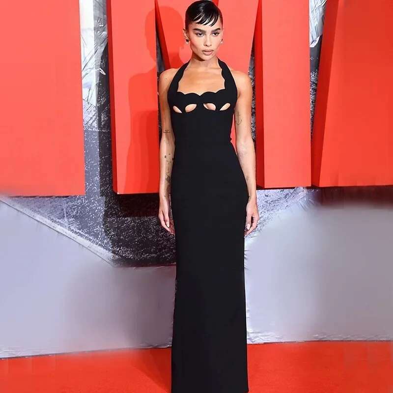European American Style Slimming Vintage French Black Long Halter Neck Hollow Out End Sexy Design Sensibility Tied Dress