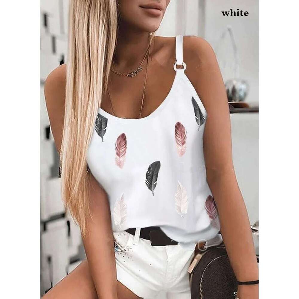 Women Wear 2025 New Pattern Fashion T-Shirt Summer Casual Feather Print Sleeveless Tank Tops Camisole Coat