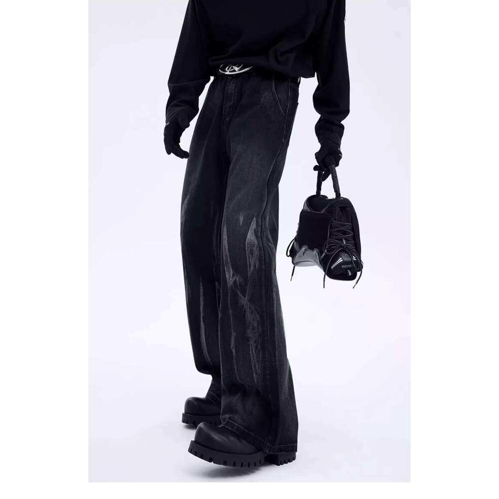 Leather Pants American Style Vibe Micro Pull Up Pants For Men In Autumn, High Street, Red And Handsome Jeans, Men's Gradient Color Washed Pants, 